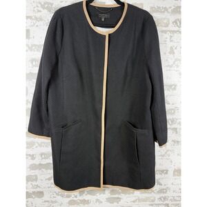 Talbots Coat Womens 16 Black Tan Trim Button Front Collarless Long Lined Pockets